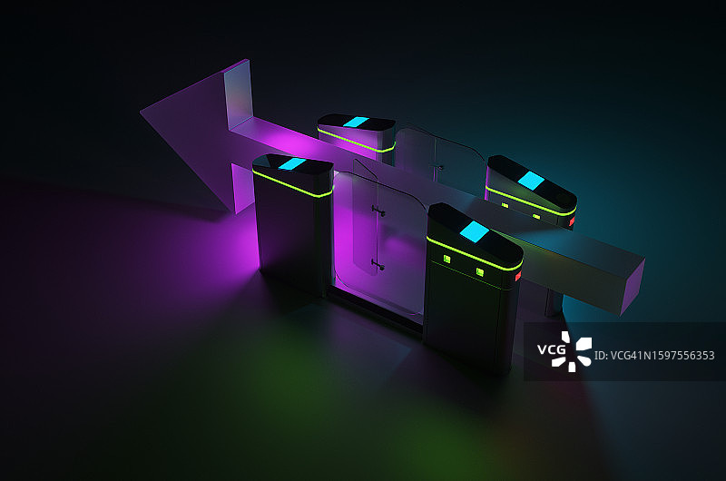 建筑入口处的旋转栅门，黑色背景上带有抽象的霓虹灯交通箭头图片素材