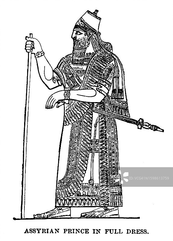 古代亚述王子或国王盛装雕刻插图图片素材