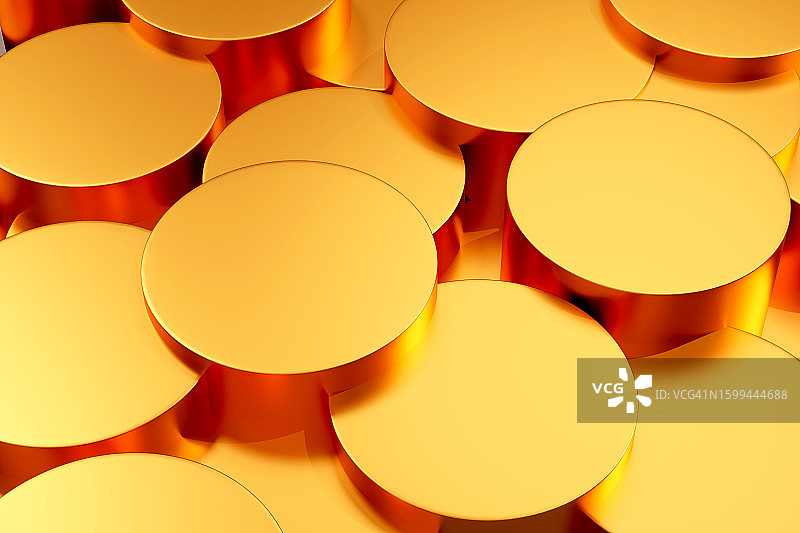 有光泽的金属金色、黄色3D圆圈、圆柱体形状图案抽象背景。几何构图。设计元素。图片素材