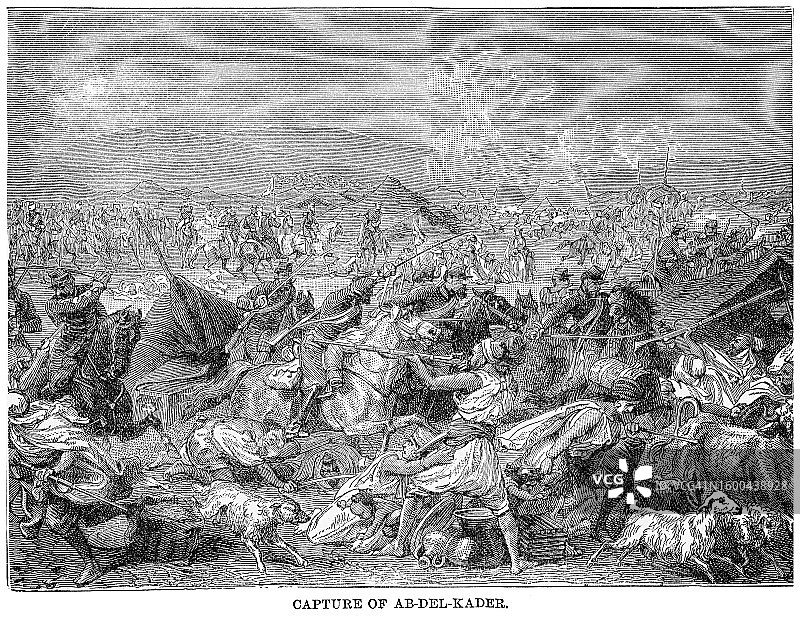 1843年5月16日：法军征服阿尔及利亚期间，阿卜杜勒·卡德尔的斯马拉被俘虏古老雕刻插图图片素材