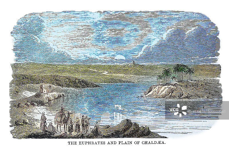 幼发拉底河与迦勒底平原古版画图片素材