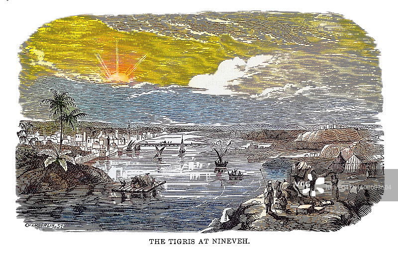 尼尼微的底格里斯河旧版雕刻插图图片素材