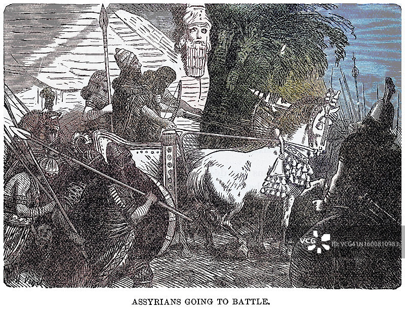 亚述人参加战斗的古老雕刻插图图片素材