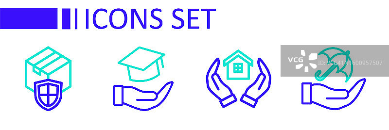 手持雨伞、房屋、教育资助和带盾牌的交付安全图标。矢量图图片素材