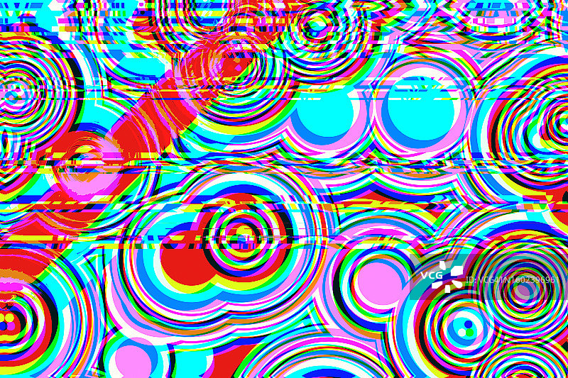 圆形故障条纹背景上的催眠漩涡抽象霓虹灯线粉蓝色艺术图片素材