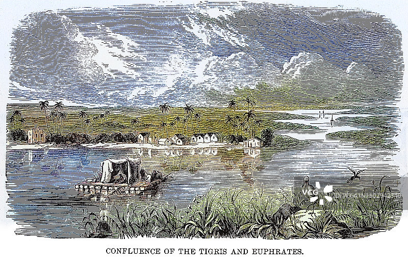 底格里斯河与幼发拉底河交汇处老式雕刻插图图片素材
