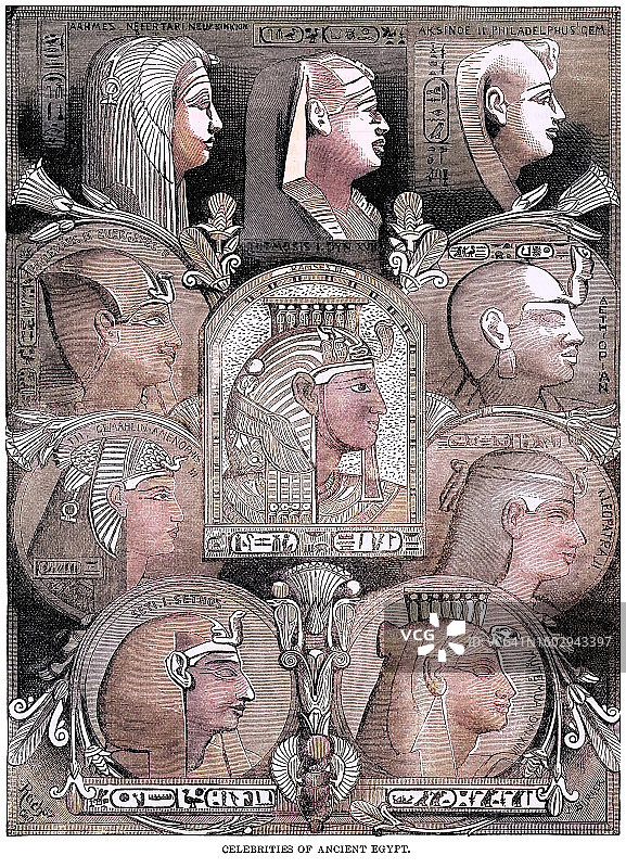 古埃及名人：拉美西斯三世等统治者古老雕刻插图图片素材