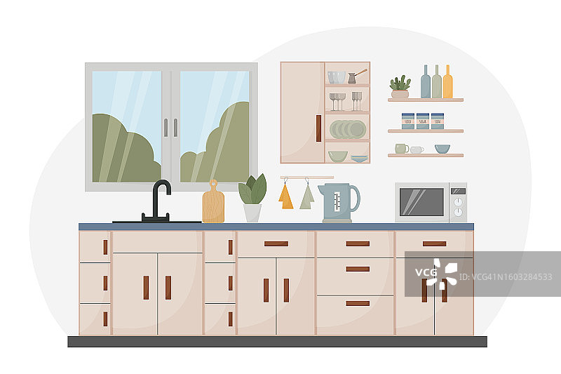 现代厨房室内扁平风格家具电器矢量插画图片素材