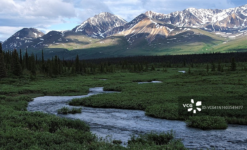 美国阿拉斯加州德纳里国家公园雪山环绕的湖泊美景图片素材