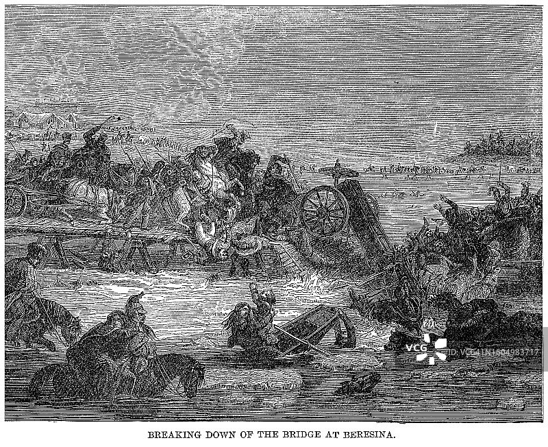 别列津纳河大桥被摧毁老式雕刻插图-别列津纳河战役，1812年11月26日至29日图片素材