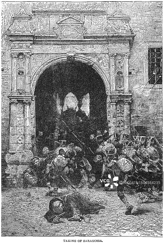 古老雕刻画：西班牙王位继承战争萨拉戈萨战役图片素材
