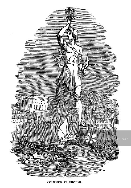 罗德岛太阳神巨像古老雕刻插图图片素材