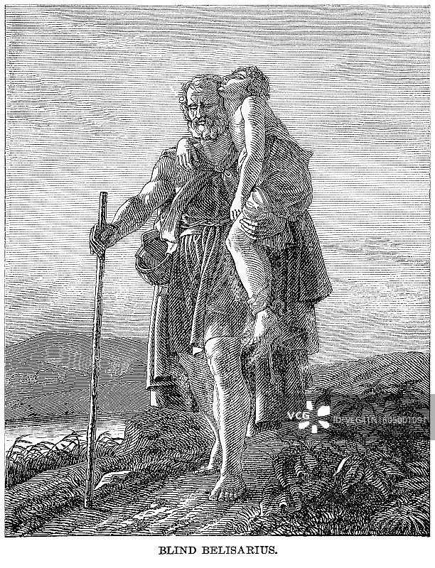 拜占庭罗马将军贝利撒留的古老雕刻插图，他失明了，他的向导被蛇咬伤图片素材