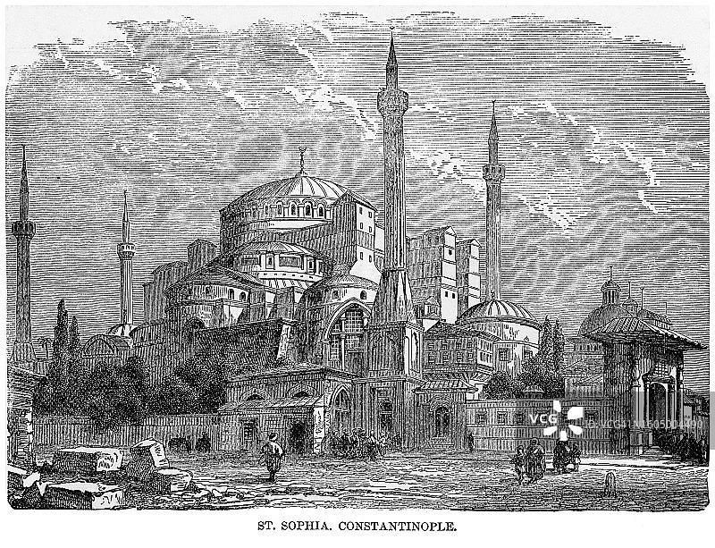 君士坦丁堡圣索菲亚大清真寺的尖塔（古版画）图片素材
