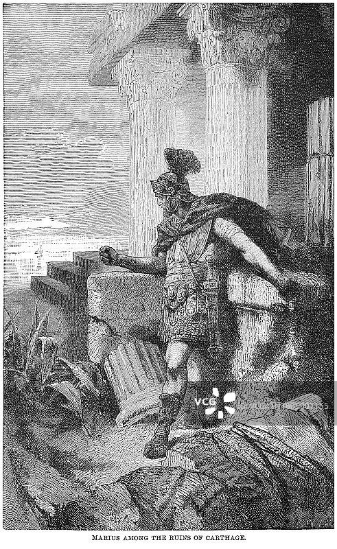 盖乌斯·马略流亡北非，在迦太基遗址中沉思的古老雕刻插图图片素材