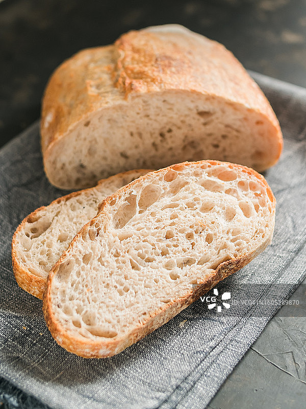 新鲜的小麦面包切片，烘焙多孔面包的质地图片素材