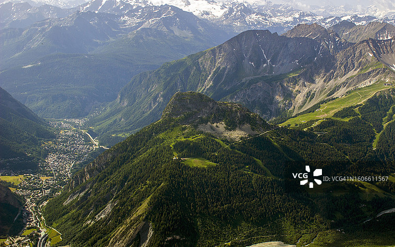 从勃朗峰天空缆车看库尔马耶乌尔与奥斯塔谷图片素材
