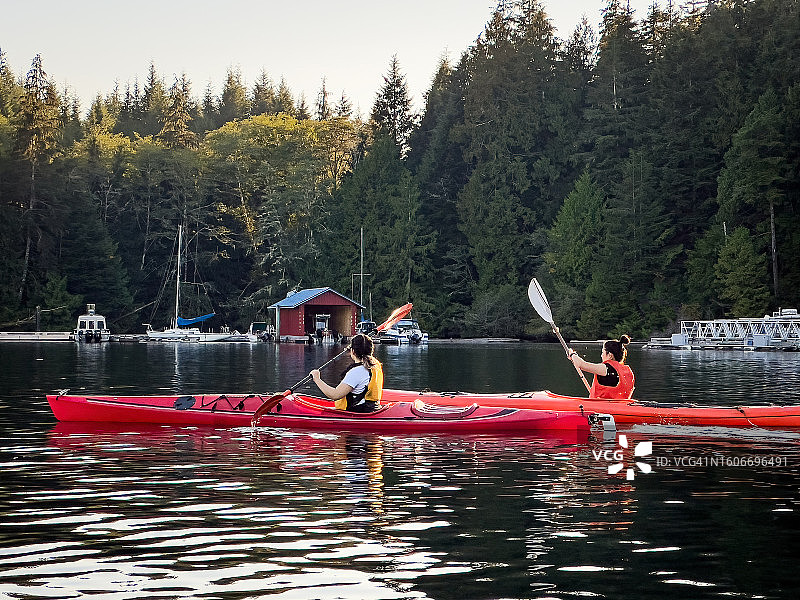 多民族姐妹在日落时分沿着僻静的森林海岸线划皮划艇图片素材