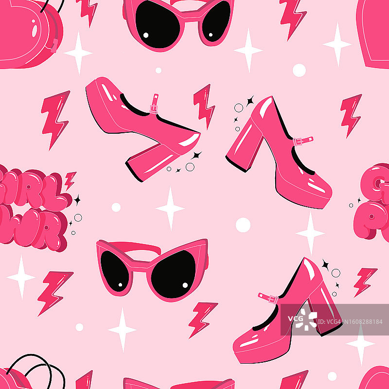 女孩力量无缝图案和高跟鞋、太阳镜图片素材