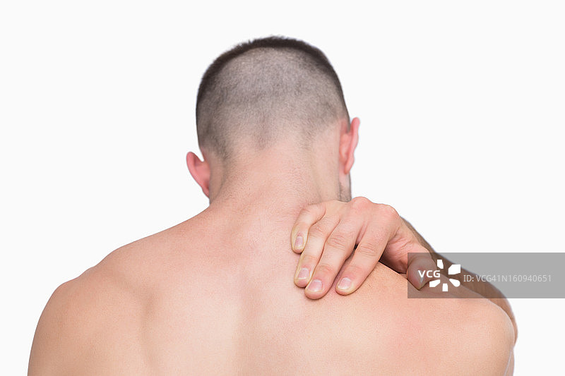 无上装男子颈部疼痛背影图片素材