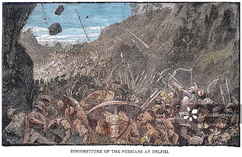 德尔斐的波斯人窘境的古老雕刻插图图片素材
