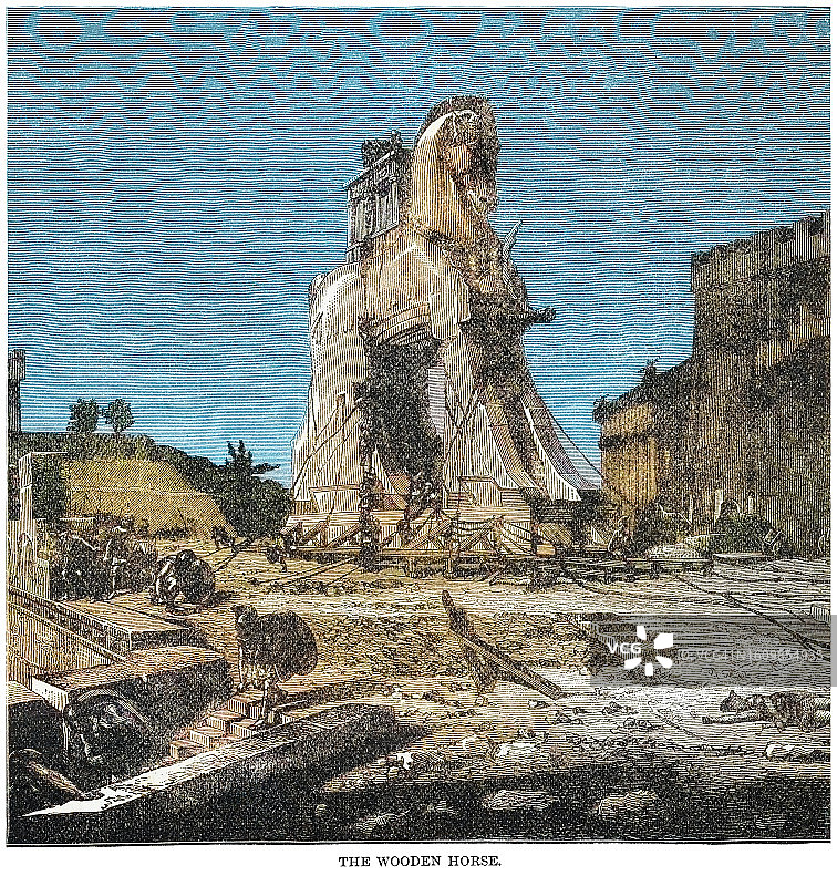 特洛伊木马古老雕刻插图图片素材