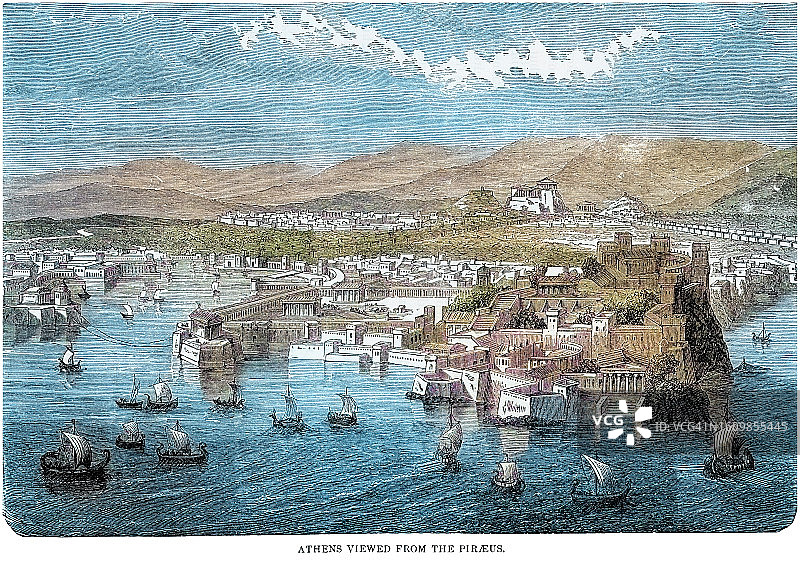 古代雅典比雷埃夫斯重建雕刻插画图片素材