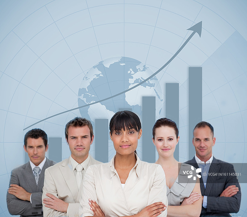 商务团队与地球插画合影图片素材