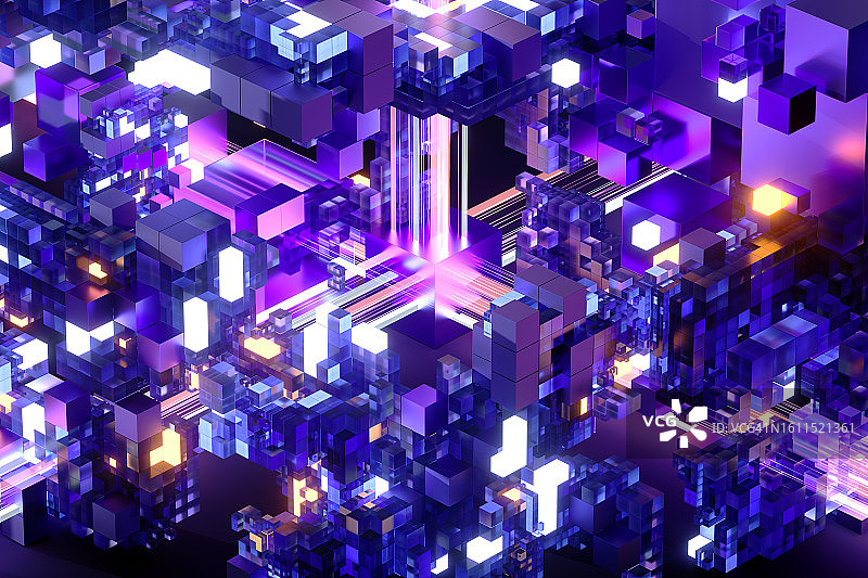 大数据雕塑：AI增强玻璃立方体云技术和数据流图片素材