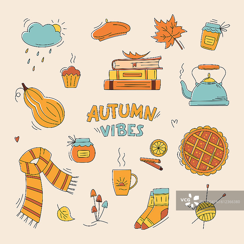 秋季涂鸦手绘矢量素材：围巾、茶壶、南瓜派、云朵、蘑菇、树叶、南瓜，秋收节元素，适用于卡片、海报、贴纸图片素材