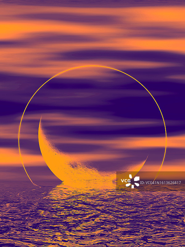 日落粉色水面倒影上的月亮光环霓虹灯。海上日出。深紫色和橙色数字平静空间元宇宙。极简主义背景图片素材