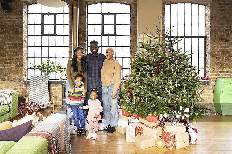 在阁楼公寓中的黑人家庭节日肖像图片素材