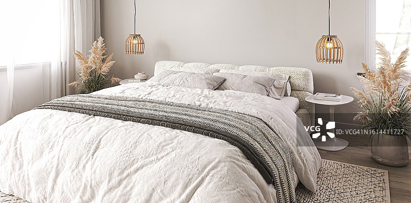 斯堪的纳维亚农舍卧室内景，墙壁样机，带白色床上用品的床，干燥植物，3D渲染，高品质3D图图片素材