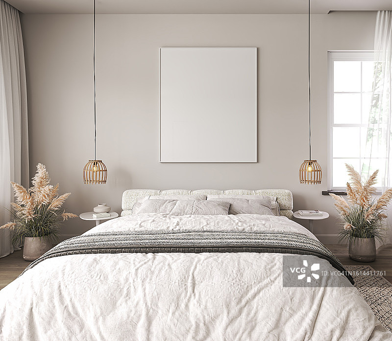 带白色床和干燥植物的沿海卧室家居内墙样机3D渲染图片素材
