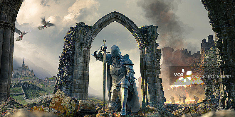 拱形废墟下的跪地骑士图片素材