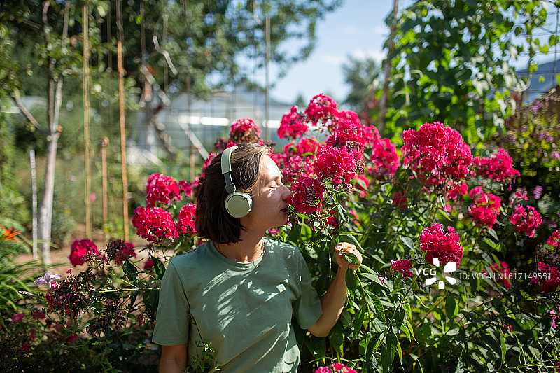 戴着耳机闻粉色鲜花的女人图片素材