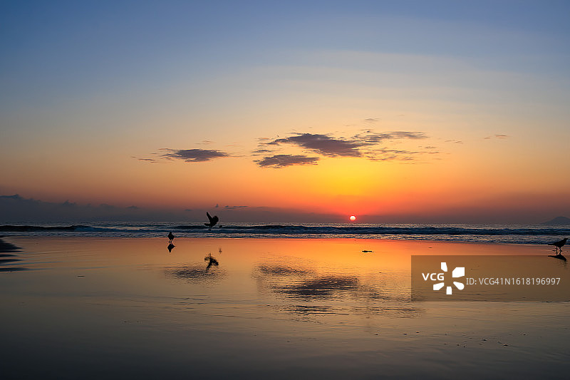 静冈县下田市白滨海滩美丽的日出和清晨鸟瞰图片素材