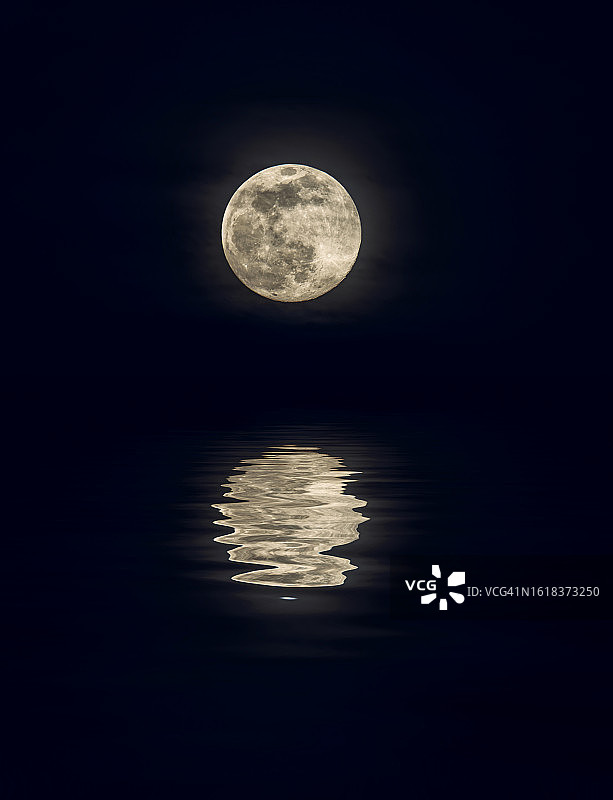 天空中满月在水面上的倒影图片素材