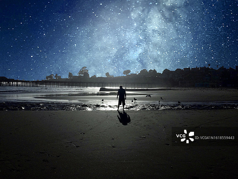 美国加利福尼亚州圣克鲁斯卡皮托拉海滩，银河下站在海滩上的男子剪影图片素材