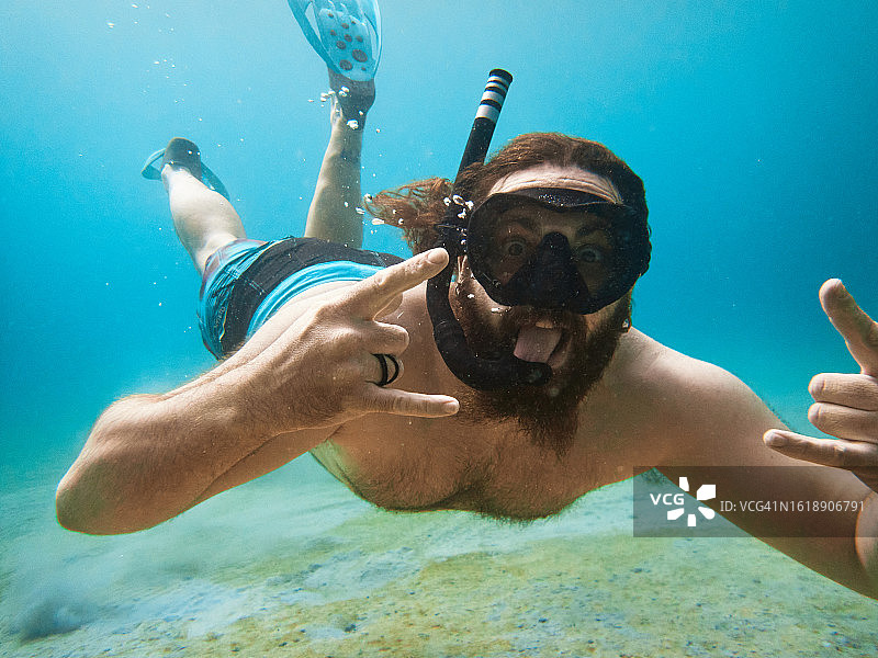 在水下浮潜时做手势的酷炫男人图片素材