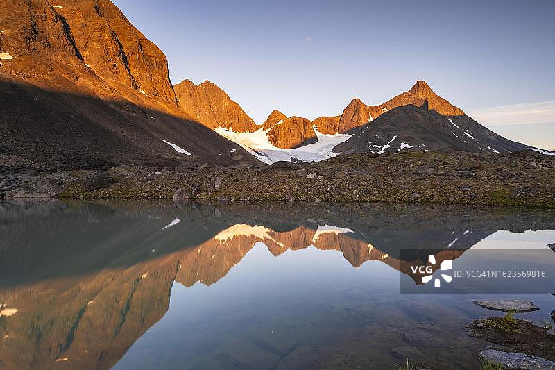 瑞典拉普兰：冰川湖泊中的卡斯帕克特冰川倒影图片素材
