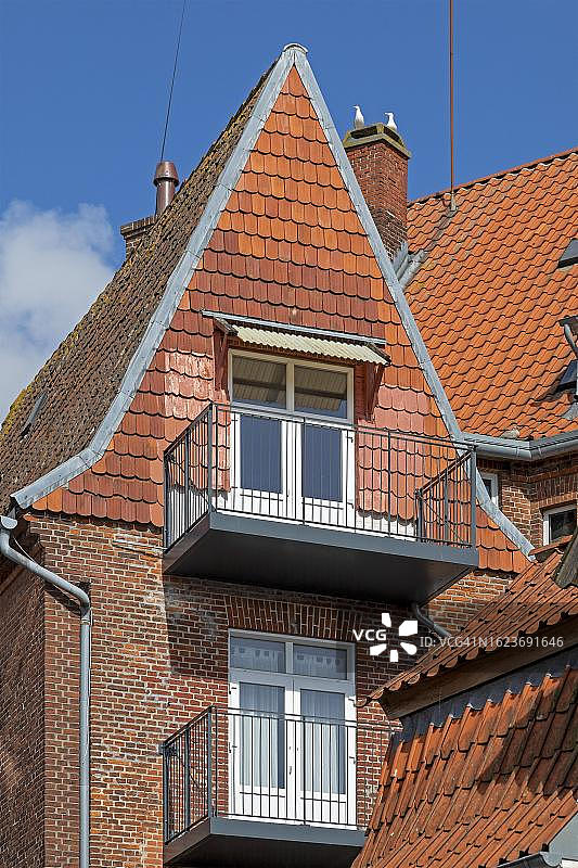 丹麦森讷堡的山墙、屋顶、烟囱和海鸥图片素材