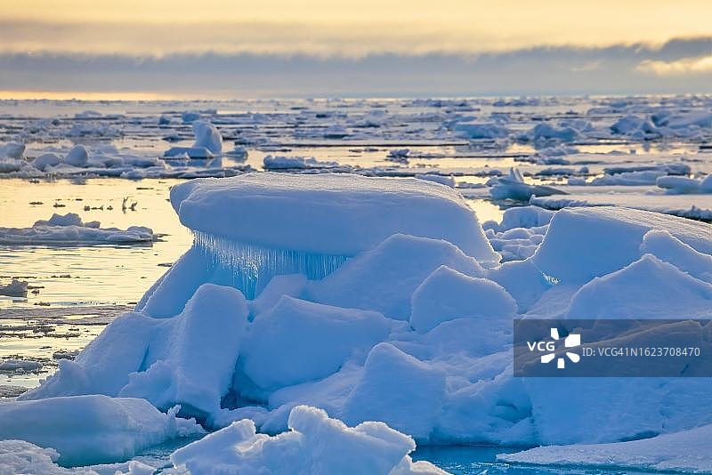 挪威斯瓦尔巴特群岛午夜阳光下的北极浮冰图片素材