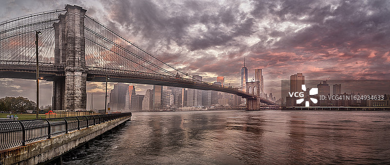 美国纽约曼哈顿天际线与布鲁克林大桥和世界贸易中心图片素材