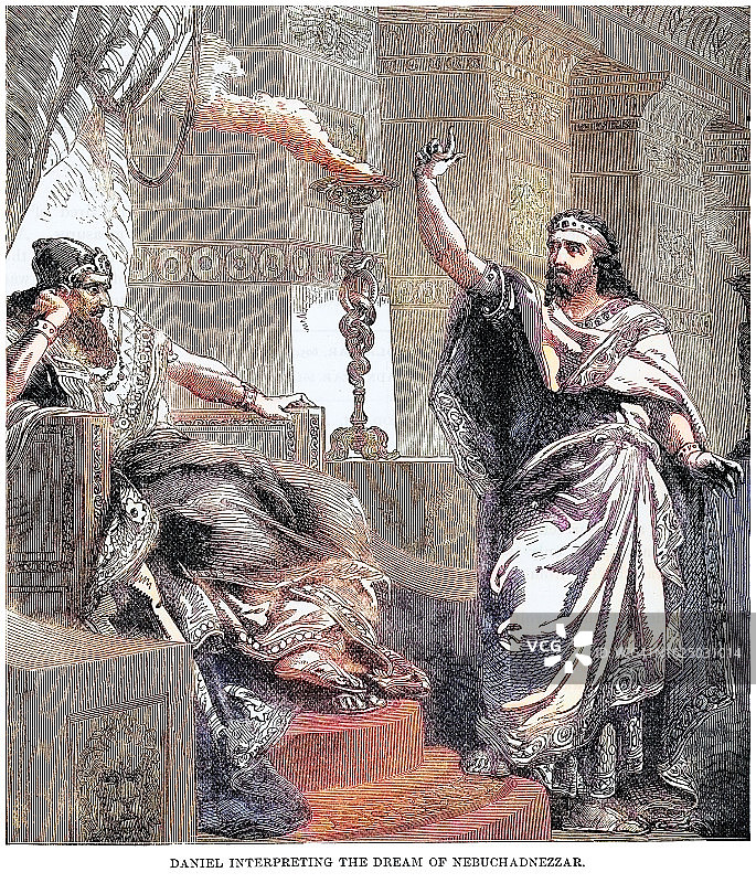 但以理为尼布甲尼撒王（巴比伦国王）解梦古版画图片素材