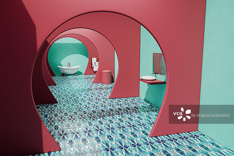 红绿配色抽象浴室3D渲染图片素材