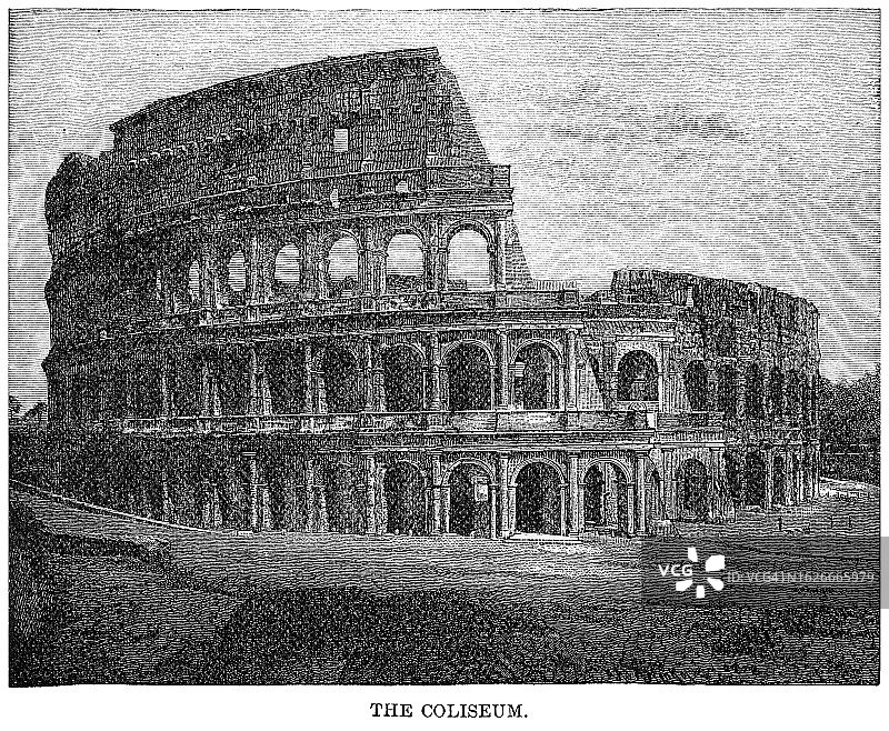 意大利罗马斗兽场老旧雕刻插画图片素材