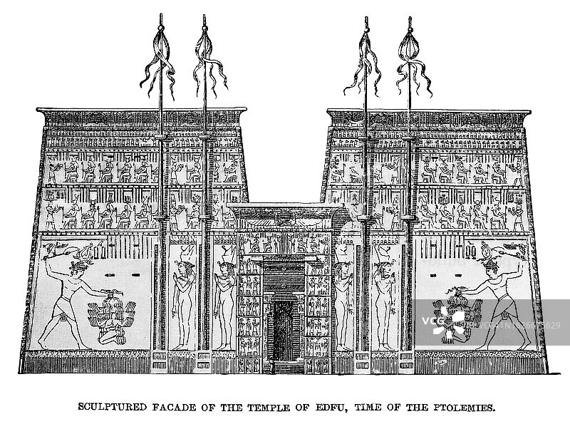 古埃及建筑古版画：埃德夫神庙 - 位于上埃及埃德夫尼罗河西岸的埃及神庙（托勒密时期）图片素材