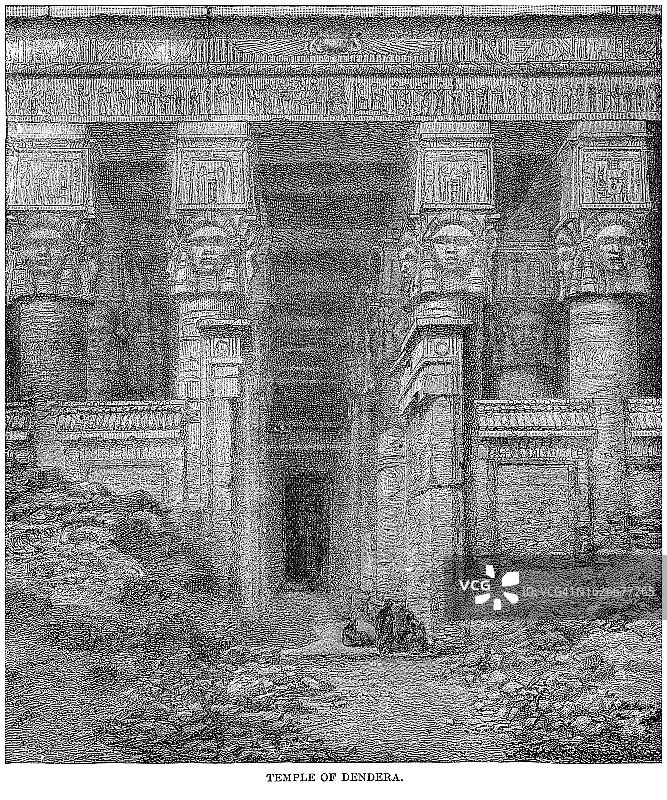 丹德拉神庙建筑群古老雕刻插图，哈托尔柱图片素材