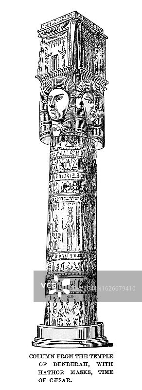 丹德拉神庙建筑群古老雕刻插图，哈托尔柱图片素材